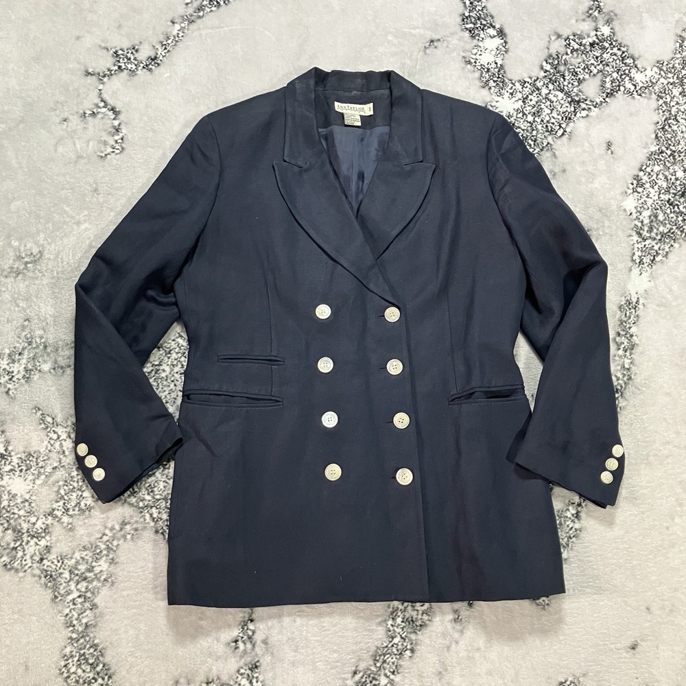 Vtg Ann Taylor Double Breasted Blazer Womens Size 10P Navy‎ Linen Blend Nautical